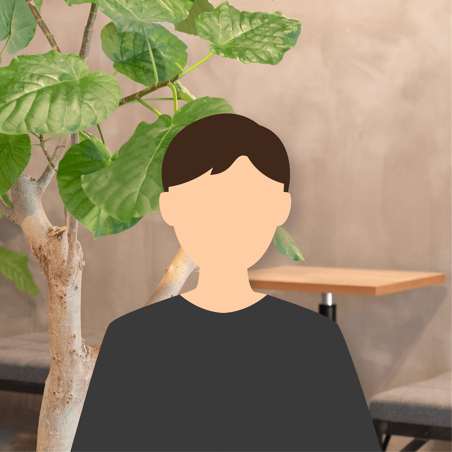 オフィスの写真を背景にした男性のイラスト